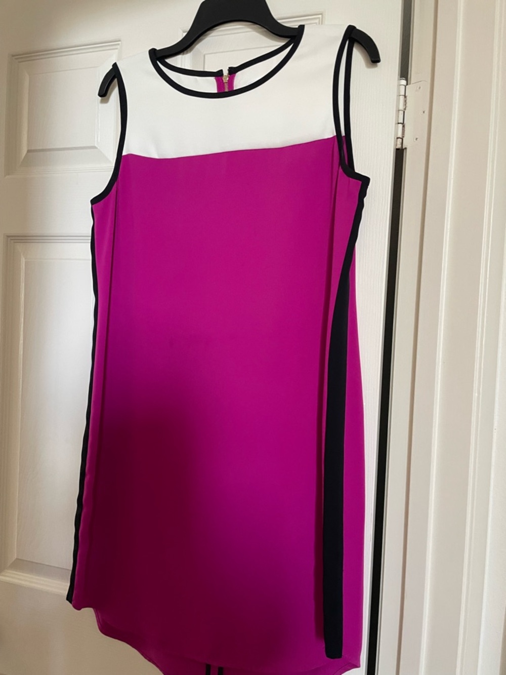 Calvin Klein Magenta and White Colorblock Shift Dress with Black Trim